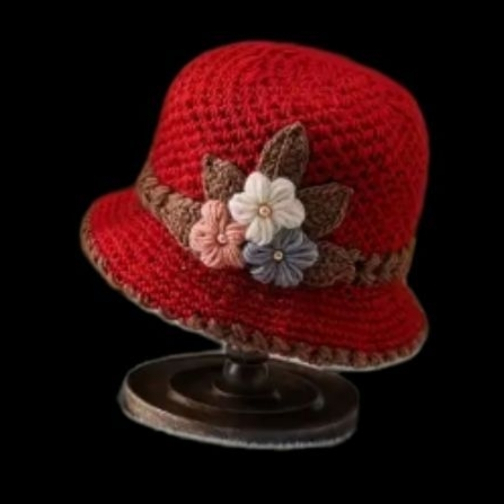 Crochet Knit 3-Flowers Cloche Hat Lined, Lightweight Warm Dark Red, NEW